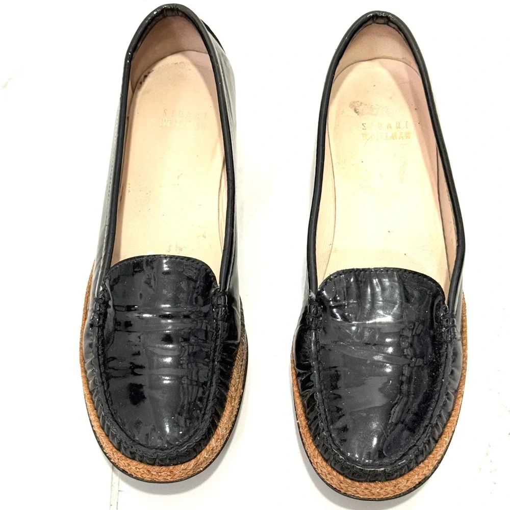 Stuart Weitzman Glossy Black Loafers with Brown Trim‎ 7.5